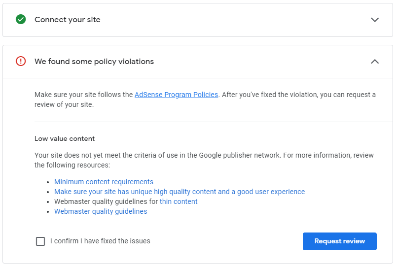 申请 Adsense 总是因为“低质量内容”被拒绝 5 Low value conten