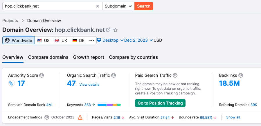 利用 ClickBank 发现优秀案例 1 域名的详细信息